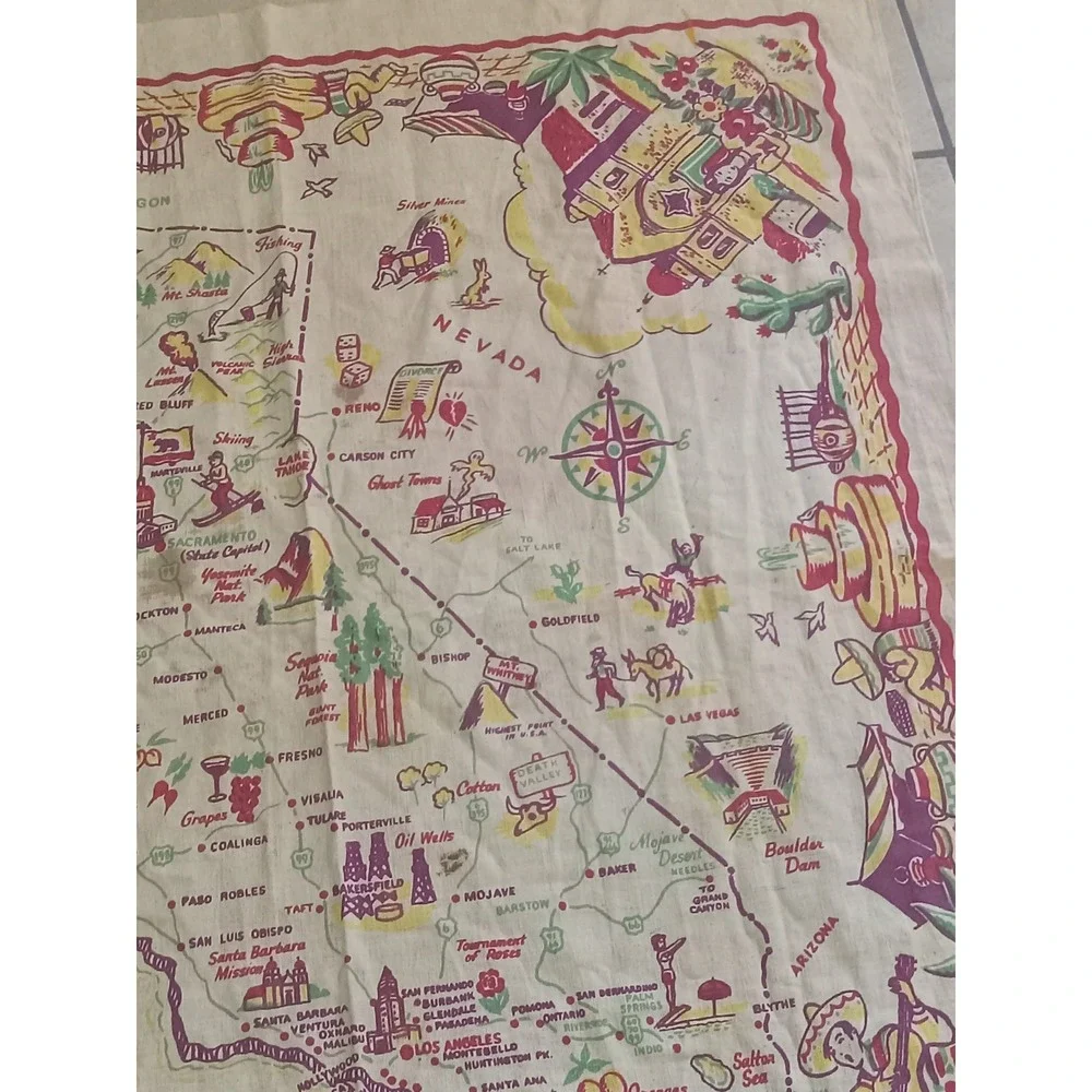 Vintage Sayers California State Map Souvenir Tablecloth Retro MCM Linen Blend